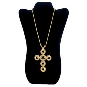 Vtg 60s 70s HOBÉ Gold Tone Rhinestone Cross Pendant Necklace
